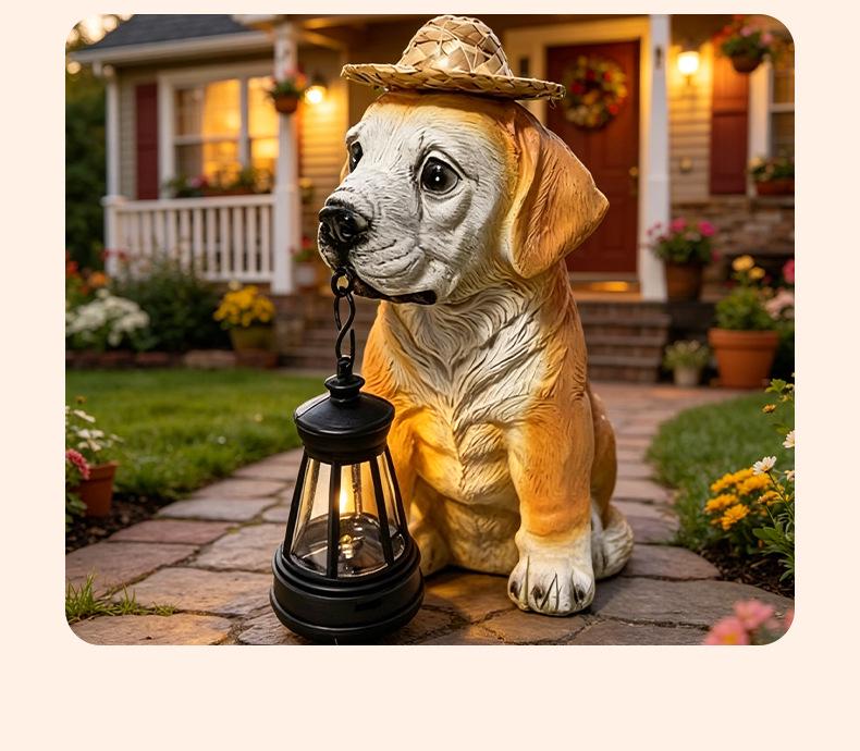 Solar Resin Dog with Grass Hat Lantern - Garden Decorative Lamp Ornament
