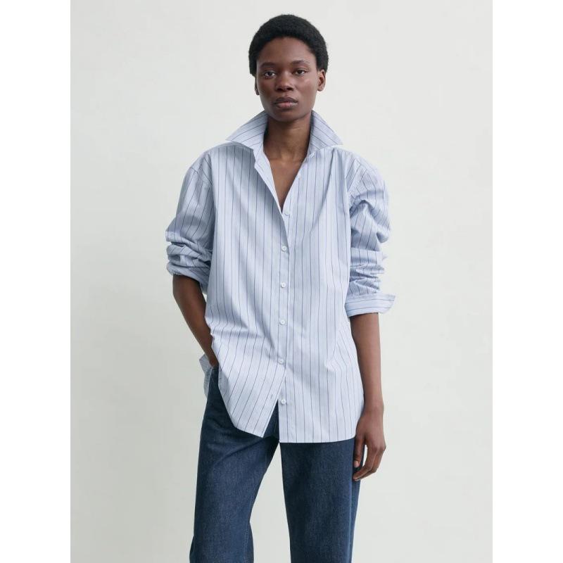 Longmei Women's Striped Pure Cotton Shirt, Spring-Summer 2026, Simple Commute Style with Lapel and Long Sleeves