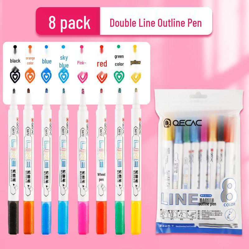 8-Color Glitter Double-Line Highlighter Set with Pearlescent and Fluorescent Dual-Tone Pens