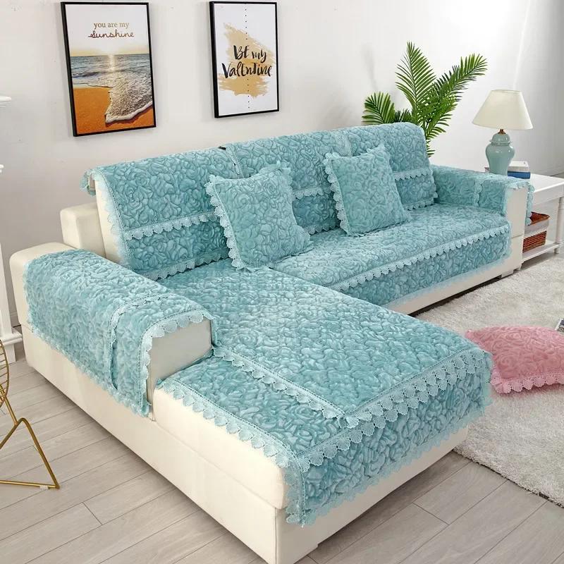 Modern Plush Sofa Cushions Winter Lace Flannel Sofa Cover Four Seasons Solid Color Non-slip Sofa Cover For1/2/3 Seat Sofas Decor