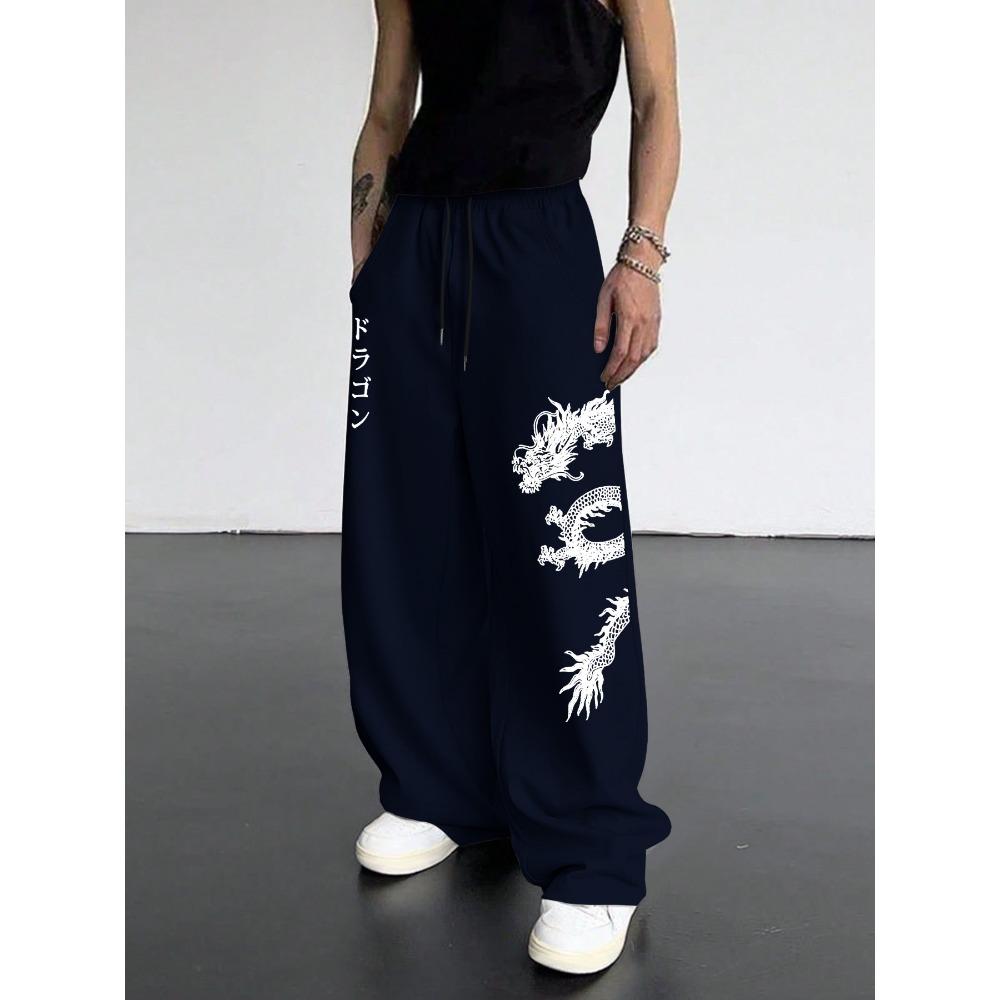 Men's Casual Pants with Trendy Dragon Pattern Letter Print Design, Daily Casual Wear, Cool Style, Versatile Wide Leg Pants