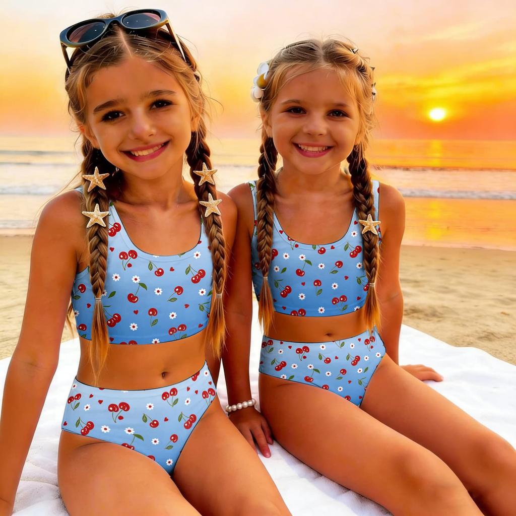 Girls Two Piece Swimsuit Set Tankini Top and High Waist Bottoms Fruit Print Summer Swimwear for Kids Comfortable Fit