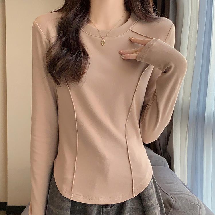Women Spring Autumn Long Sleeve O Neck  Solid Color Slim Fit Pullover T Shirt Blouse Top