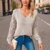 Hollow-out Knitted Sweater Women's Pullover Long-sleeved Crochet Jacquard Loose V-neck Bottoming Top