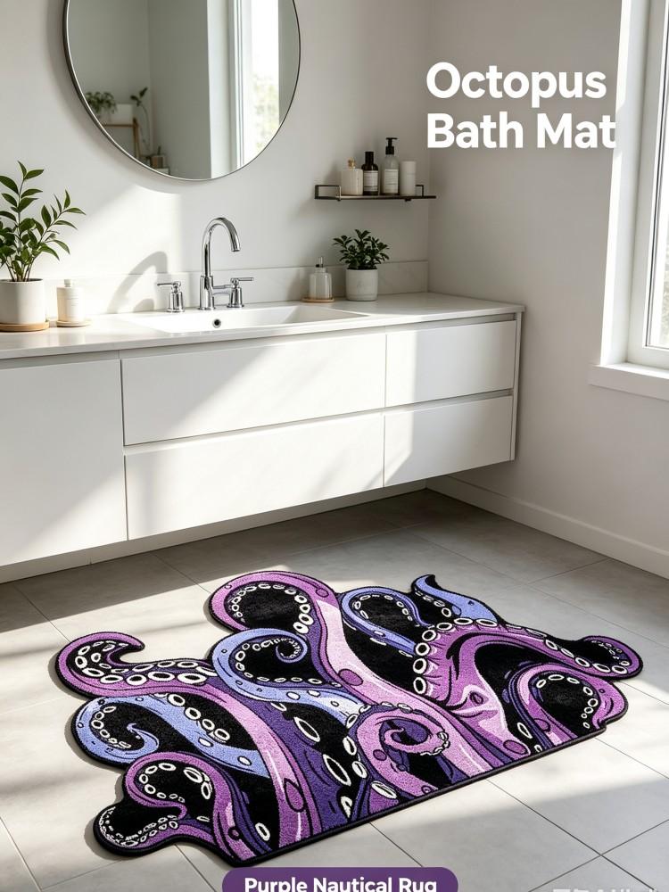 Irregular Octopus Tentacles Bathroom Rug Soft Plush Non‑Slip Doormat Creative Nautical Style Floor Mat for Bathroom Entrance Hom