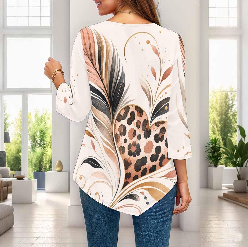 Ladies Plus Size Three Quarter Sleeve Shirt Pointed Hem Loose Breathable Casual For Office Daily Wear