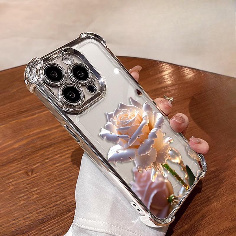 Crystal Rose Electrode Plating Anti-fall Case Suitable for iPhone 16 15 14 13 12 11 Pro/ Max/Plus Shockproof Back Cover