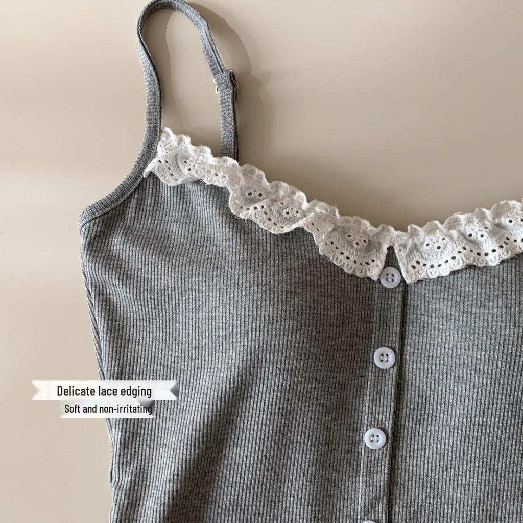 Spring Ribbed Cotton Doll Collar Lace Camisole - Slim Fit, Versatile Fashion Top