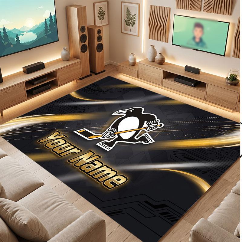 Pittsburgh Penguins Personalized Crystal Velvet Carpet, Customized Name Text Soft Anti‑Slip Rug for Living Room Bedroom