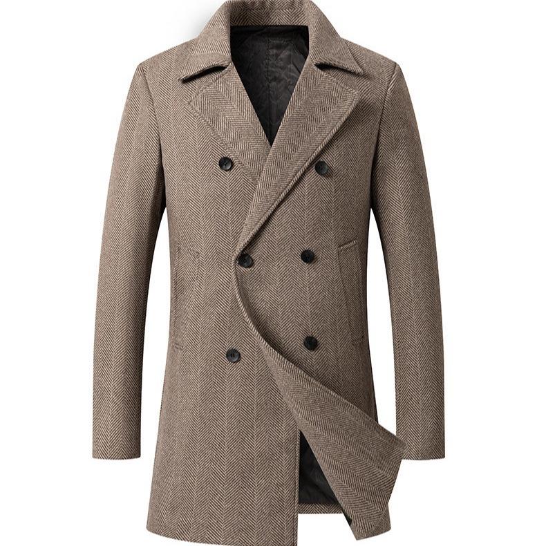 Men's Mid-Length Plaid Wool Coat - Double-Breasted, Cotton-Padded Jacket