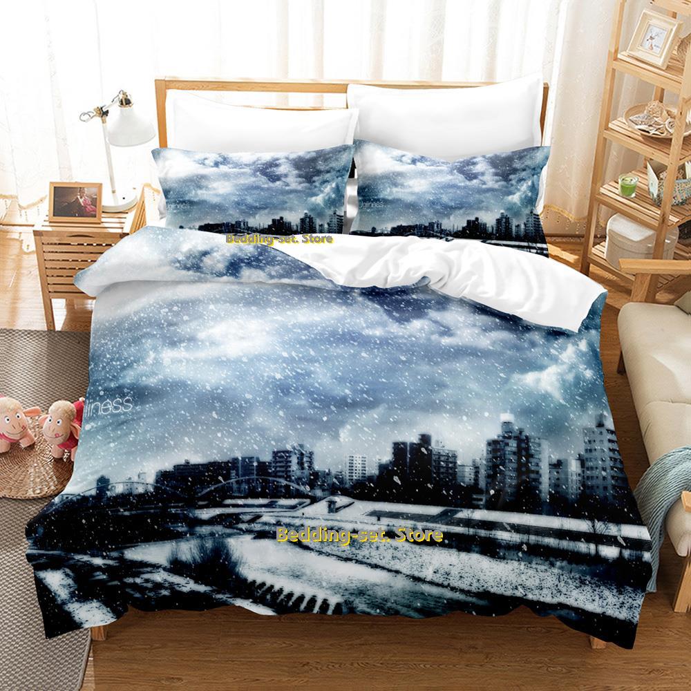 Zestaw pościeli Anime City Pojedynczy Bliźniak Pełny Queen King Size Zestaw do łóżka Sypialnia dla dorosłych Dzieci Zestawy poszewek na kołdrę Druk 3D Prześcieradło Anime