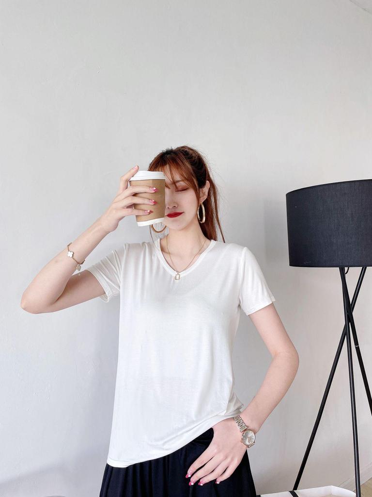 Women's Short-Sleeve Modal V-Neck White Ice Silk Loose T-Shirt