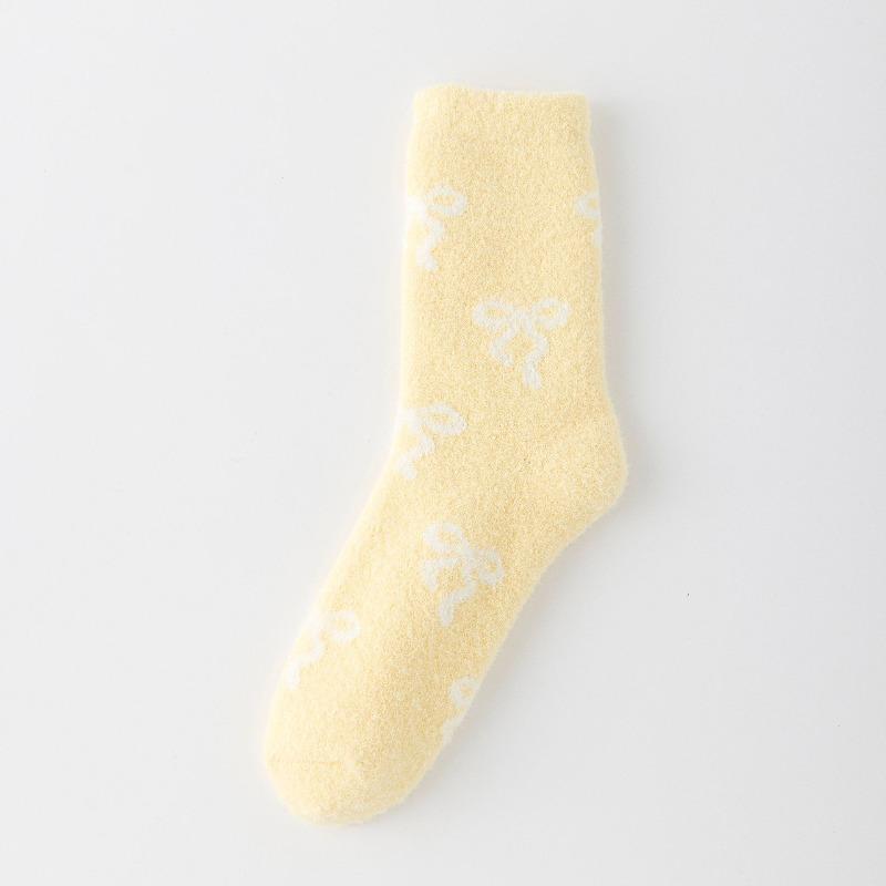 Sock Children's Mid-length Winter and Autumn Thickened Fleece-lined Warm Floor Socks with Bows, Versatile for Home Use and Sleepwear, for Women.