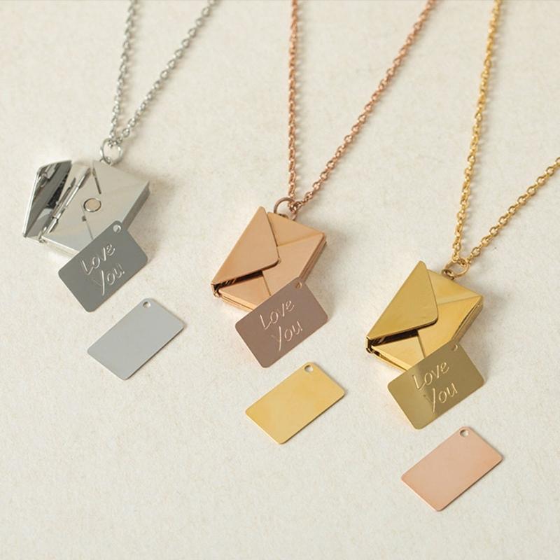 Valentine's Day Love you Secret Hidden Message Pendant Necklace Stainless Steel Can Open Photo Frame Envelope Necklace
