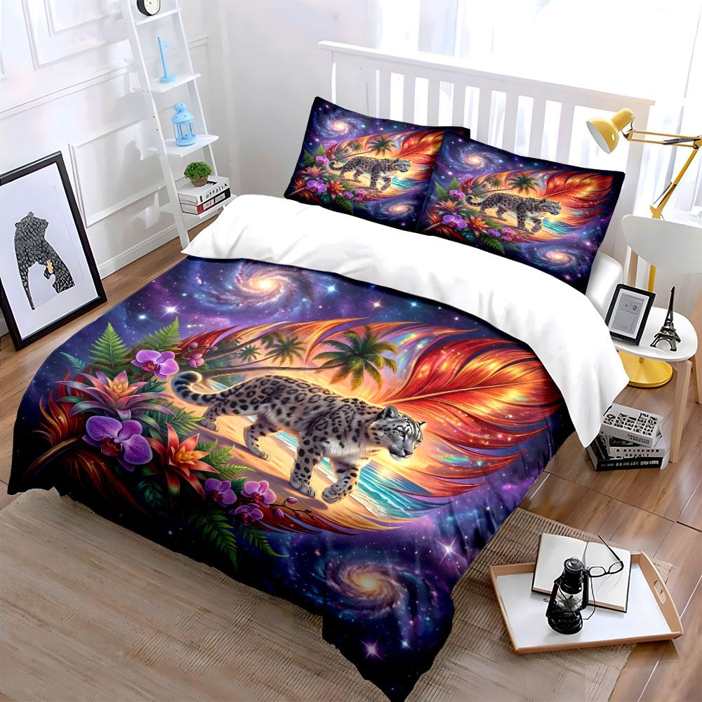 Starry Dream Leopard Illustration Duvet Cover Set With 3D Printing Design Soft Polyester Bedding Set All-Season Comfort