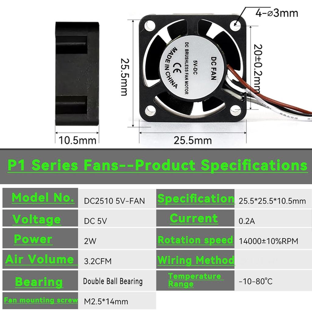 Hotend Cooling Fan Compatible with Bambu Lab P1P P1S, DC2510 5V 3.2CFM 14000RPM Fan, Double Ball Bearing, Not for X1 X1C A1 Series,3D Printer