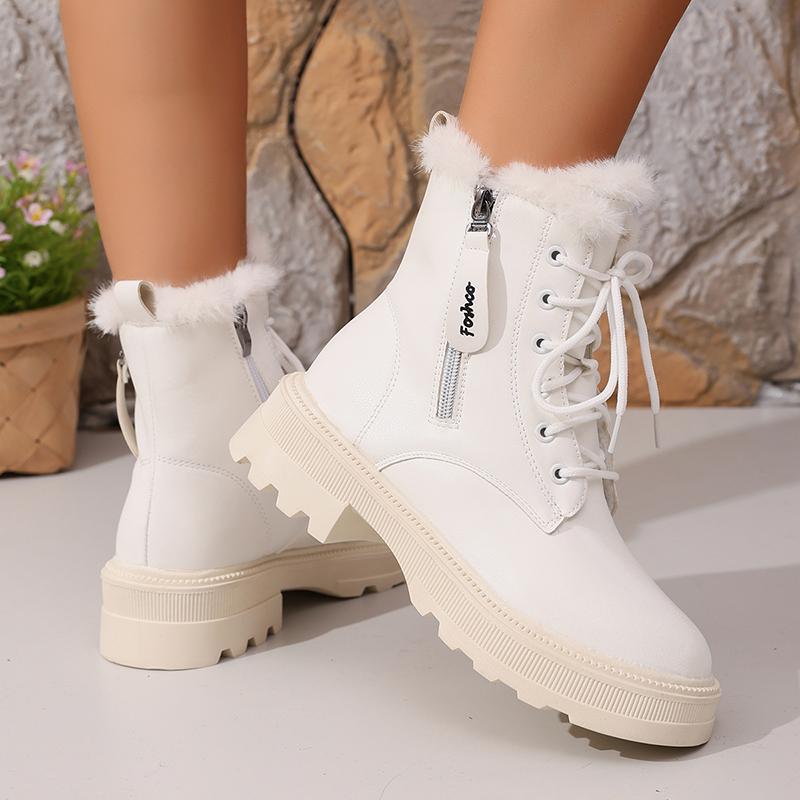 Fashion Women's Autumn Winter Ankle Boots Thick Sole Warm Plush Cotton Shoes Woman Fashion Black White Pu Leather Platform Botas Mujer