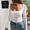 Dame T-skjorte Langermet solid firkantet-hals T-skjorter Lang topp T-skjorte Dame T-skjorte Topp T-skjorte Femme Camiseta Mujer T-skjorte kvinner