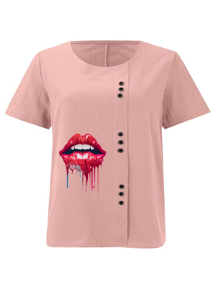 

Women s Fashion Red Lips Print Round Neck Short Sleeve T-shirt Casual Cotton Linen Graphic Shirt Leisure Loose Summer Blouse Tops S розовый