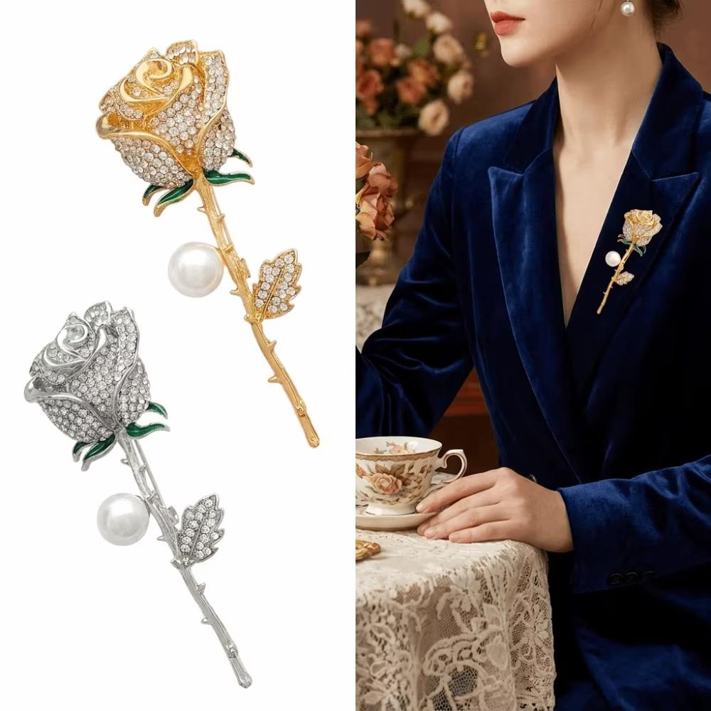 Elegant Rose Brooch with Pearl Accent and Rhinestone Embellishments for Coat Suit Jacket Accessory Fashion Jewelry Pin