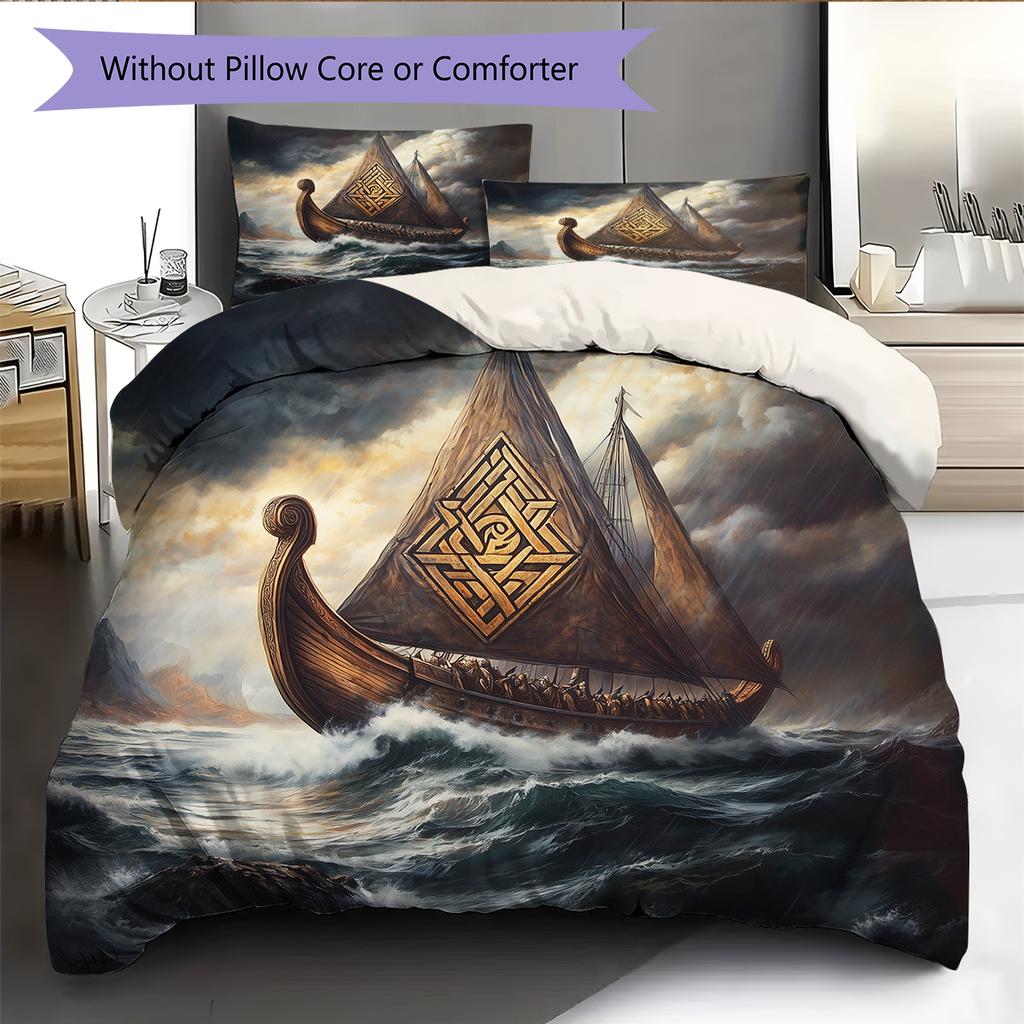 Viking Longship Pattern Bedding Home Decoration Birthday Gift (1 * duvet cover + 2 * pillowcase, without core)