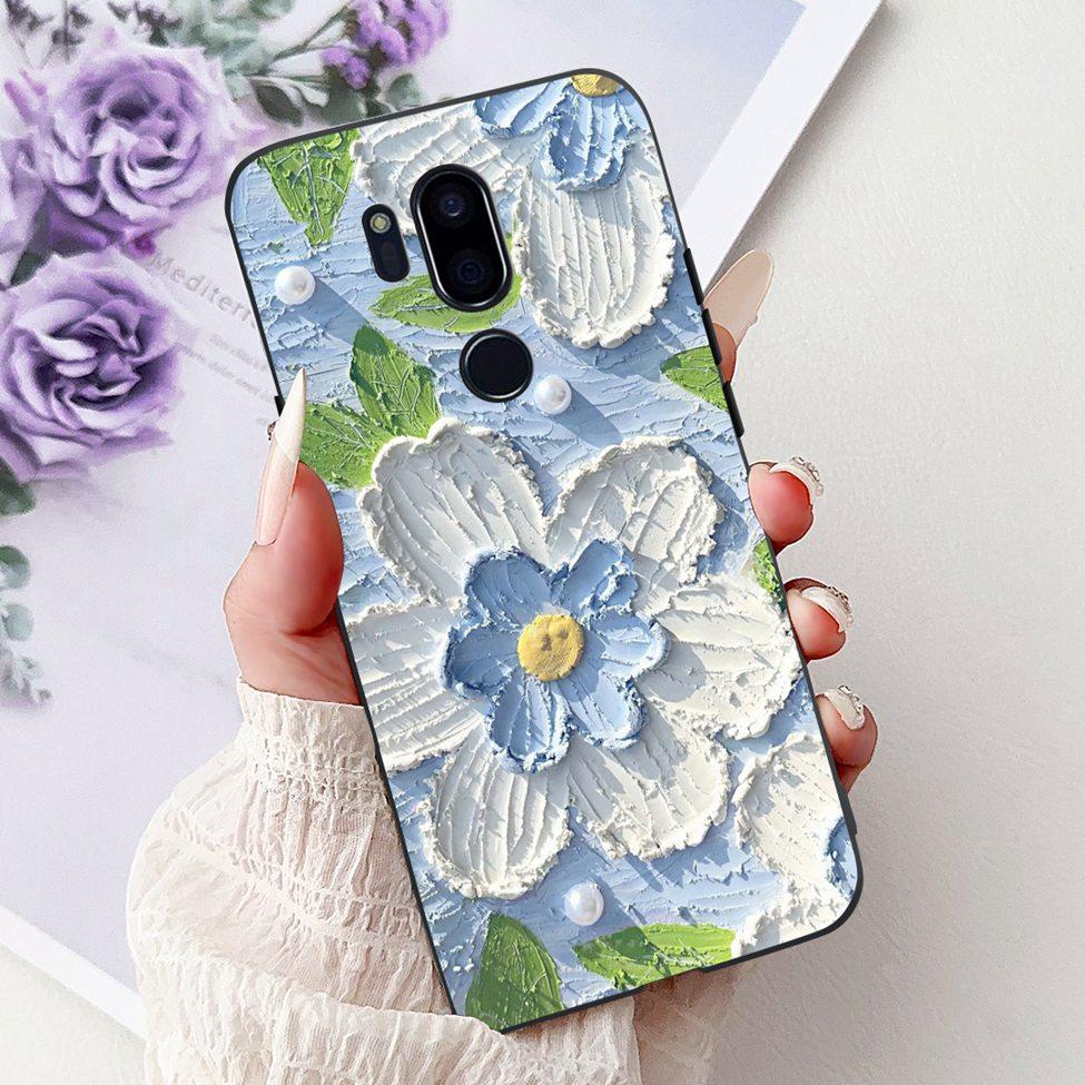 Para LG G7 ThinQ Funda Silicona Negra Gato Lindo Flores de Moda Trasera Pintada Genial Para LG G7ThinQ Funda de Teléfono LMG710EM