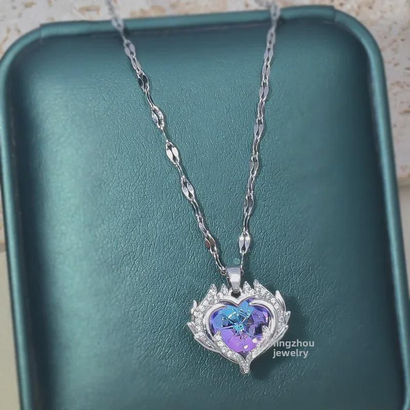 Titanium Steel Ocean Heart Necklace: Women's Light Luxury Colorful Heart Pendant
