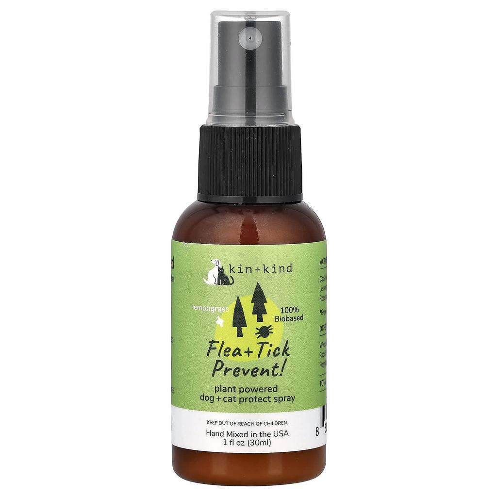 Kin+Kind, Flea + Tick Prevention!, Plant-Based Dog + Cat Protection Spray, Lemongrass, 30ml (1 fl oz)