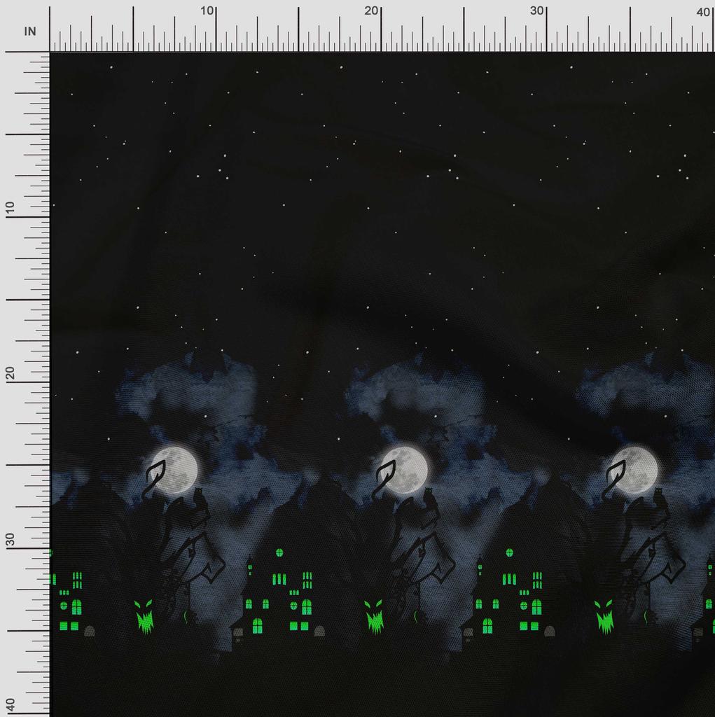 Soimoi Japan Crepe Satin Fabric Tree|Moon & Haunted House Panel Printed Craft Fabric by the Metre 42 Inch