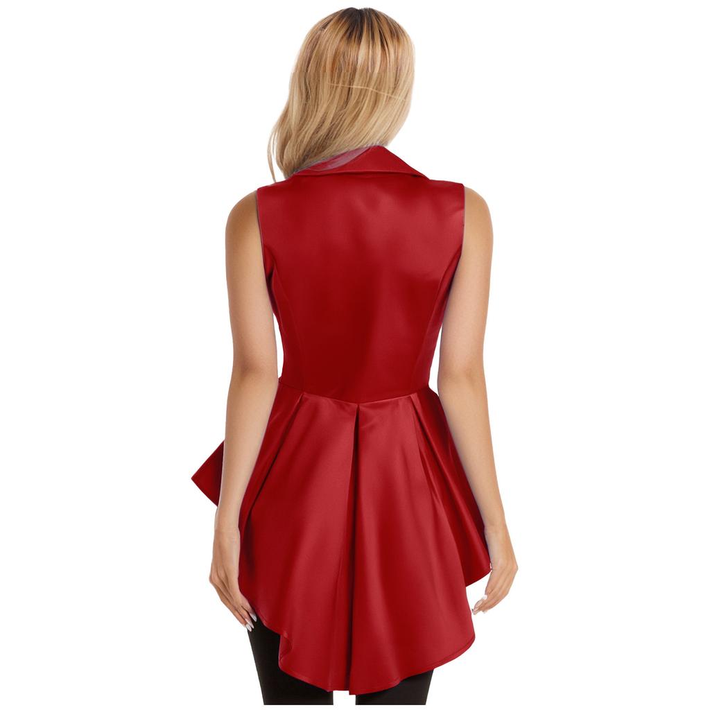 Womens Victorian Style Waistcoat Turn Down Collar Sleeveless Design Front Buttons Asymmetric Ruffle Hem Jacket Top