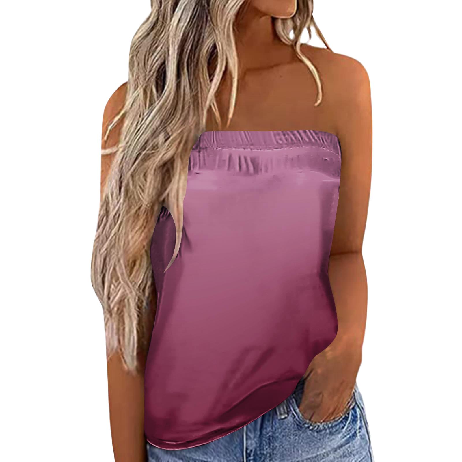 Women s Summer Sexy Strapless Off-Shoulder Elastic Band Gradient Print Top S