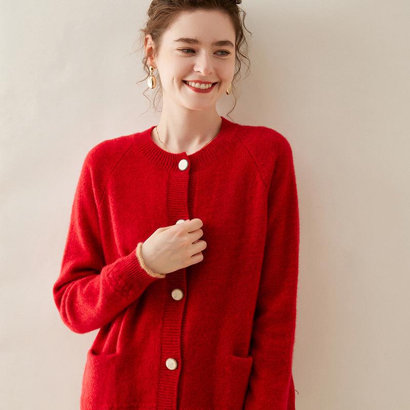 Women's Thickened Cashmere Cardigan - Autumn/Winter, Long Sleeve, Round Neck, Loose Fit, Single-Breasted Knitwear.