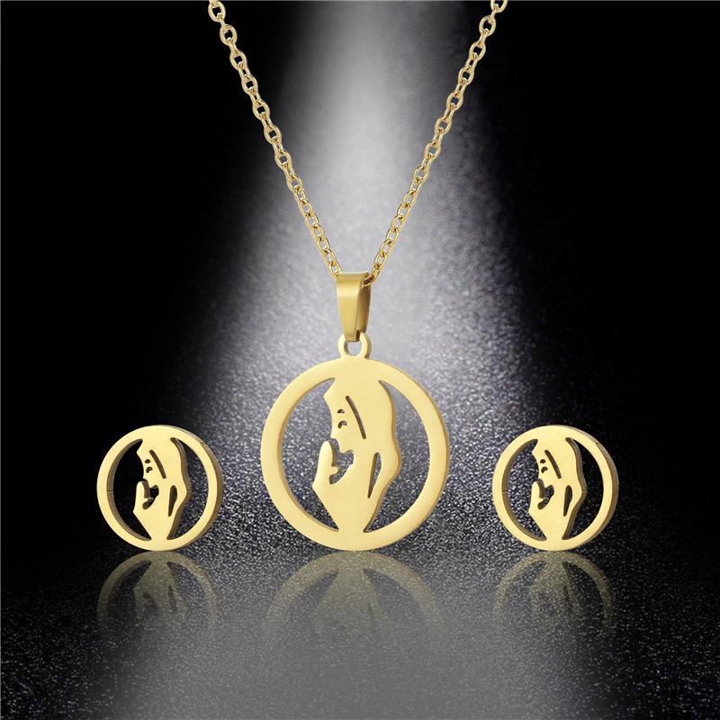 Women's Virgin Mary Necklace Earrings Set Dubai Gold Color Stainless Steel African Indian Wedding Jewelry Sets for Women Girls
