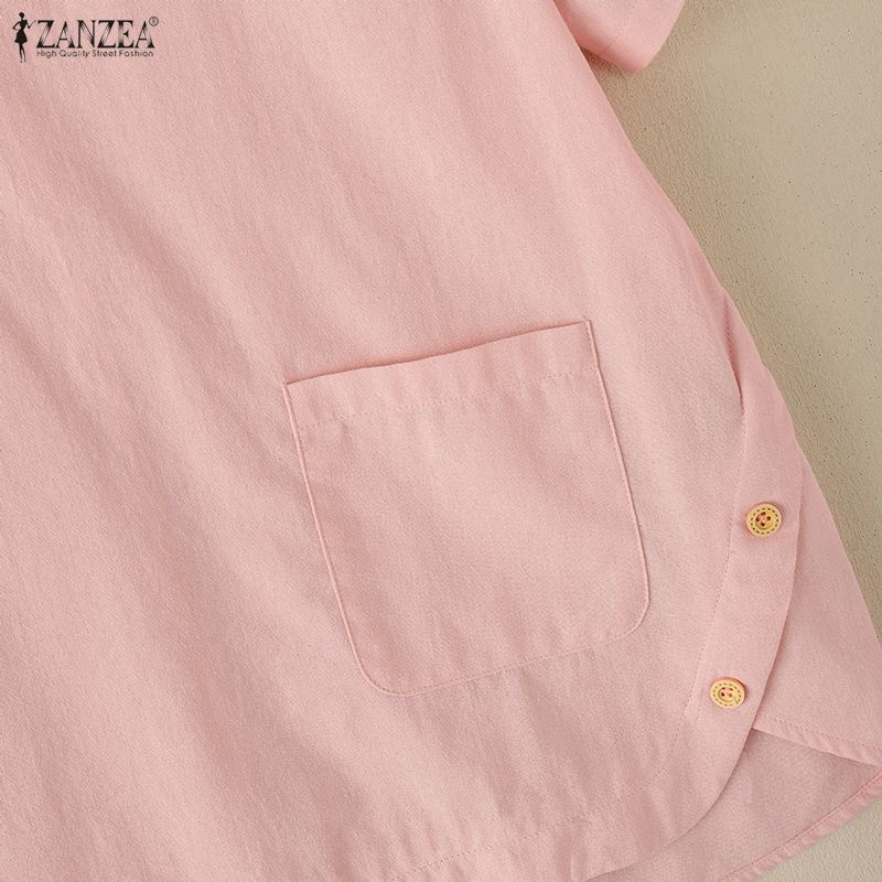 ZANZEA Blusa Feminina Casual Gola Redonda Cor Sólida Manga Curta Soltinha