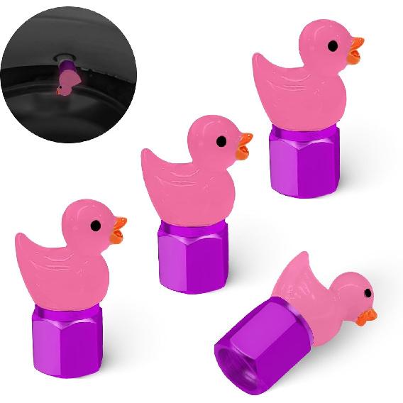 Tire Valve Stem Cap, 4 pcs Glow-in-The-Dark Cute Duckling Tire Valve Cap, Pink