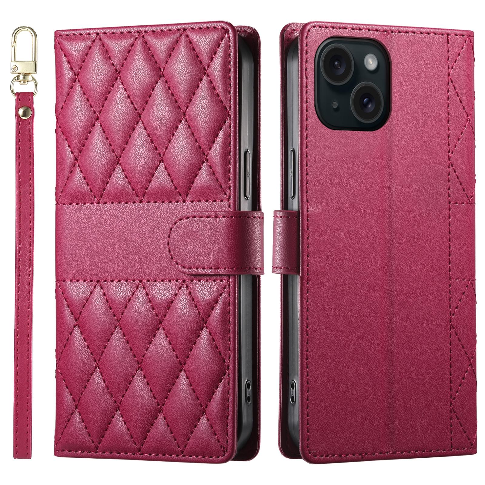 

For iPhone 15 Case Rhombus Stitching Wallet Stand Leather Phone Cover with Long/Short Strap Red