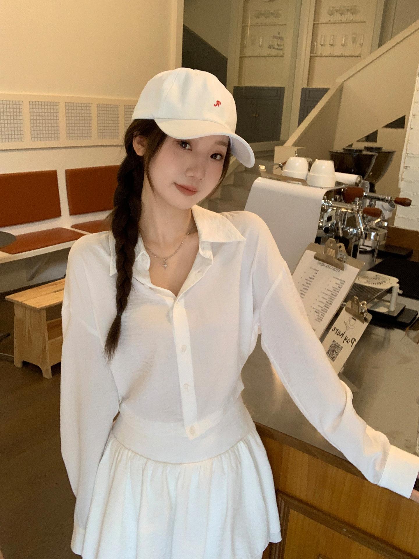 

White POLO collar button-down cool long-sleeved shirt women s autumn new high-end pleated short top S белый
