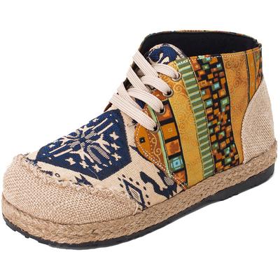 Damen Leinen Schuhe Boho Baumwolle Leinen Canvas Einzel National Gewebt Runde Zehe Schnürschuhe Stoffschuhe Frau High Top Flats Größe 35-44