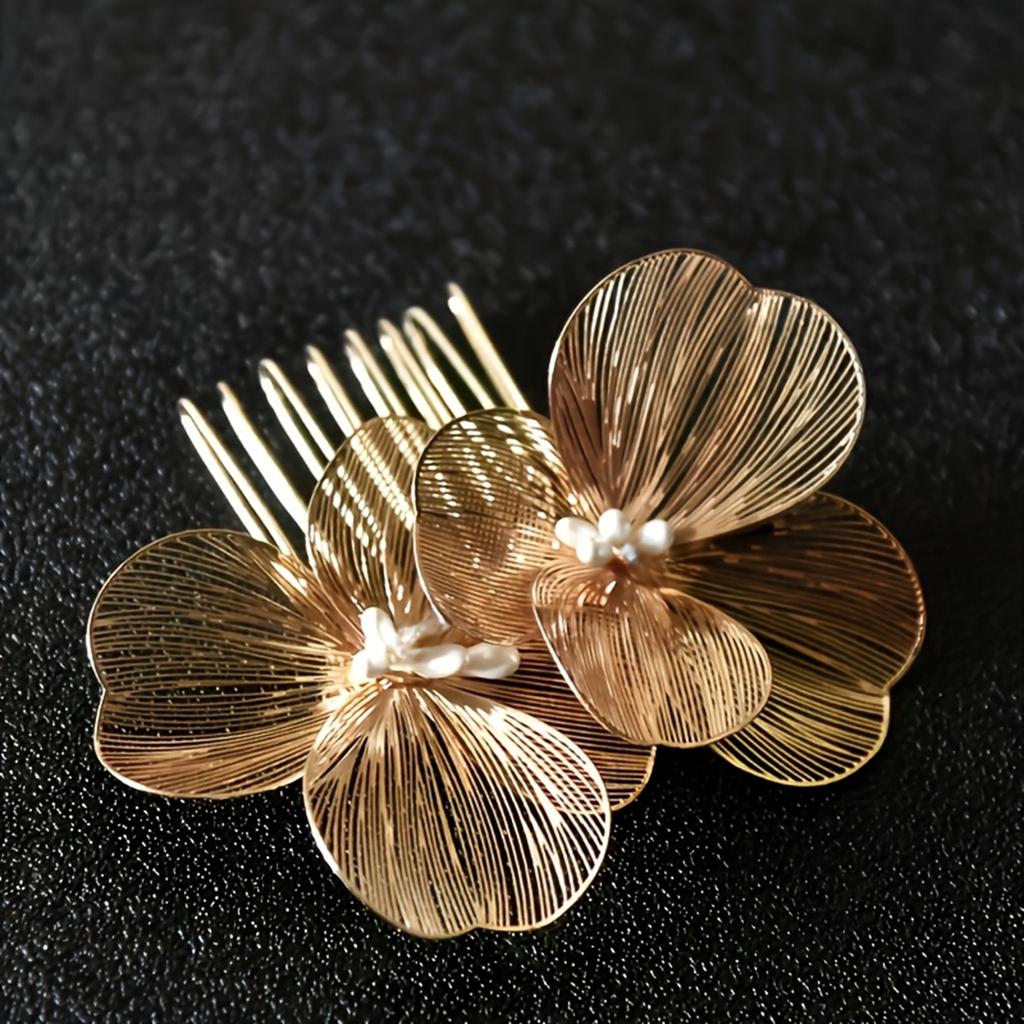 Korean New Style Bridal Hair Comb, Super Elegant Gold Flower Hair Accessory, Handmade Retro Baroque Hair Ornament For Wedding