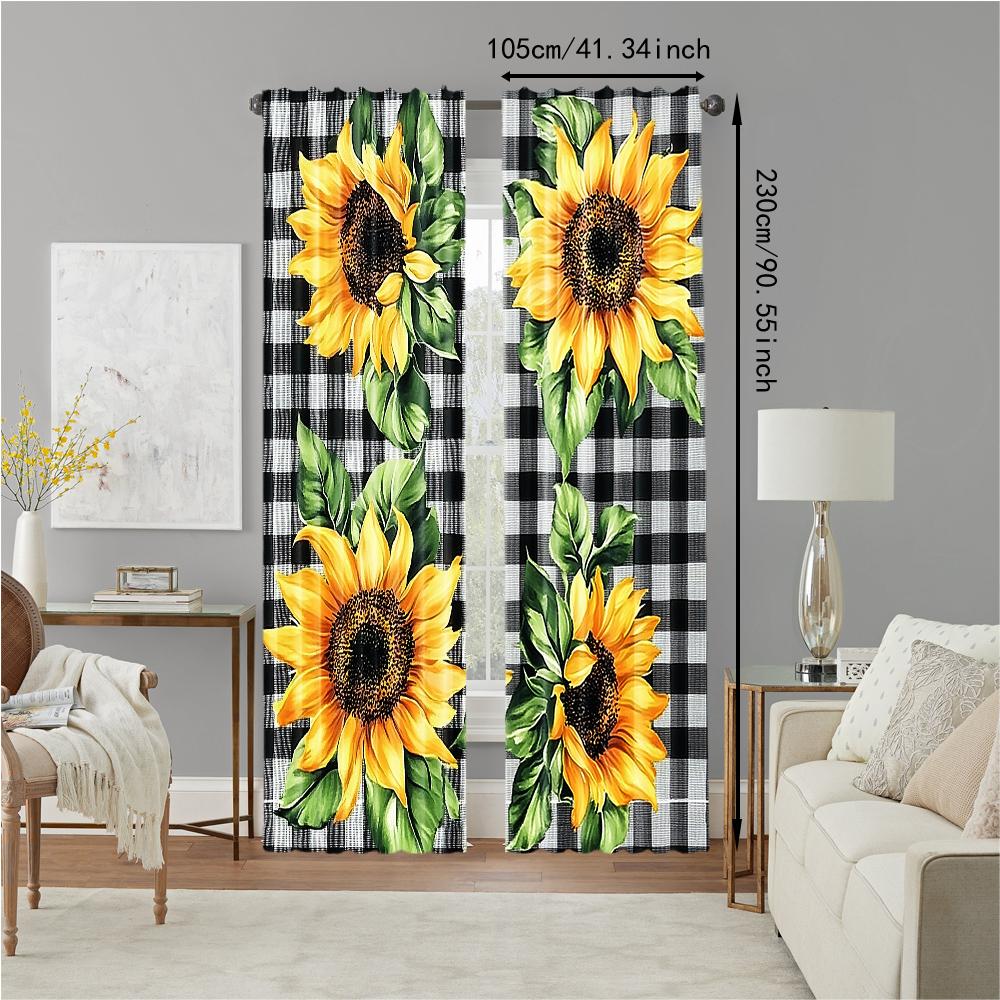 Set Of 2 Elegant Curtain Plaid Sunflower Print Window Charming European Style Design Vintage Decoration Kitchen Polyester Perfect For Cooking Area
