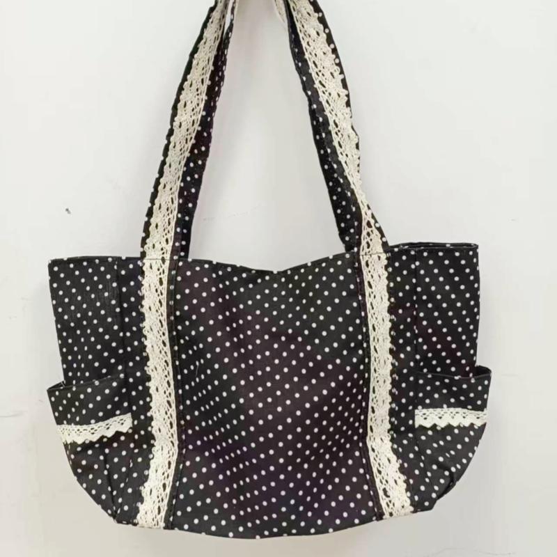 Korean Vintage Polka Dot Canvas Shoulder Bag Women Cute Lace Handle Bag Large Capacity Tote Casual and Versatile Storage Bags