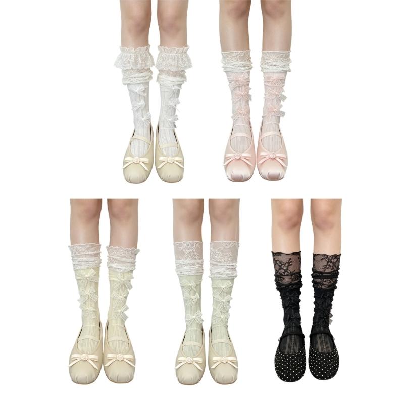 Chaussettes Dentelle Mi-Mollet pour Femmes avec Accent Ruban Style Décontracté Paire pour Tenue en Superposition Style Quotidien