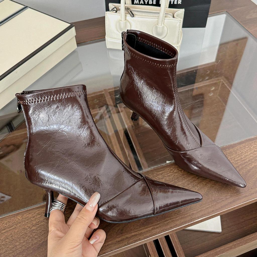 2025 Autumn and Winter New Pointed Splicing High-heeled Short Boots Women's Sexy Thin Heels Commuting Thin Boots Fashion Boots Women's Trend