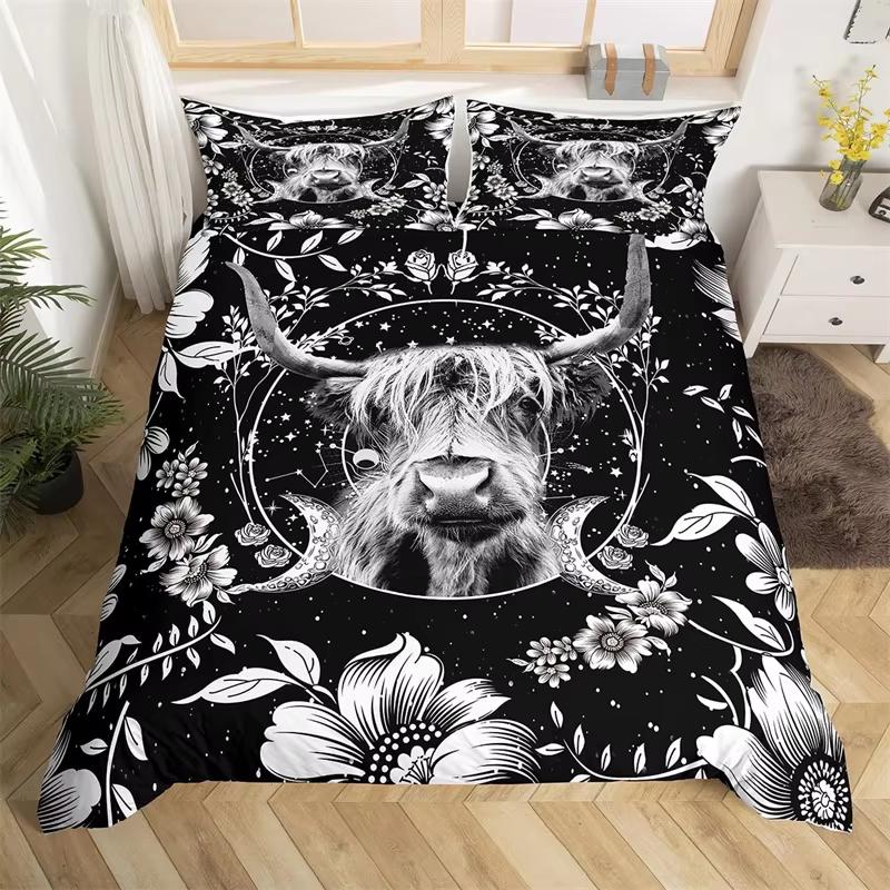 Highland Cow Duvet Cover Western Farmhouse Animal Bedding Set Microfiber Farm Bull Cattle Floral Comforter Cover Twin King Size