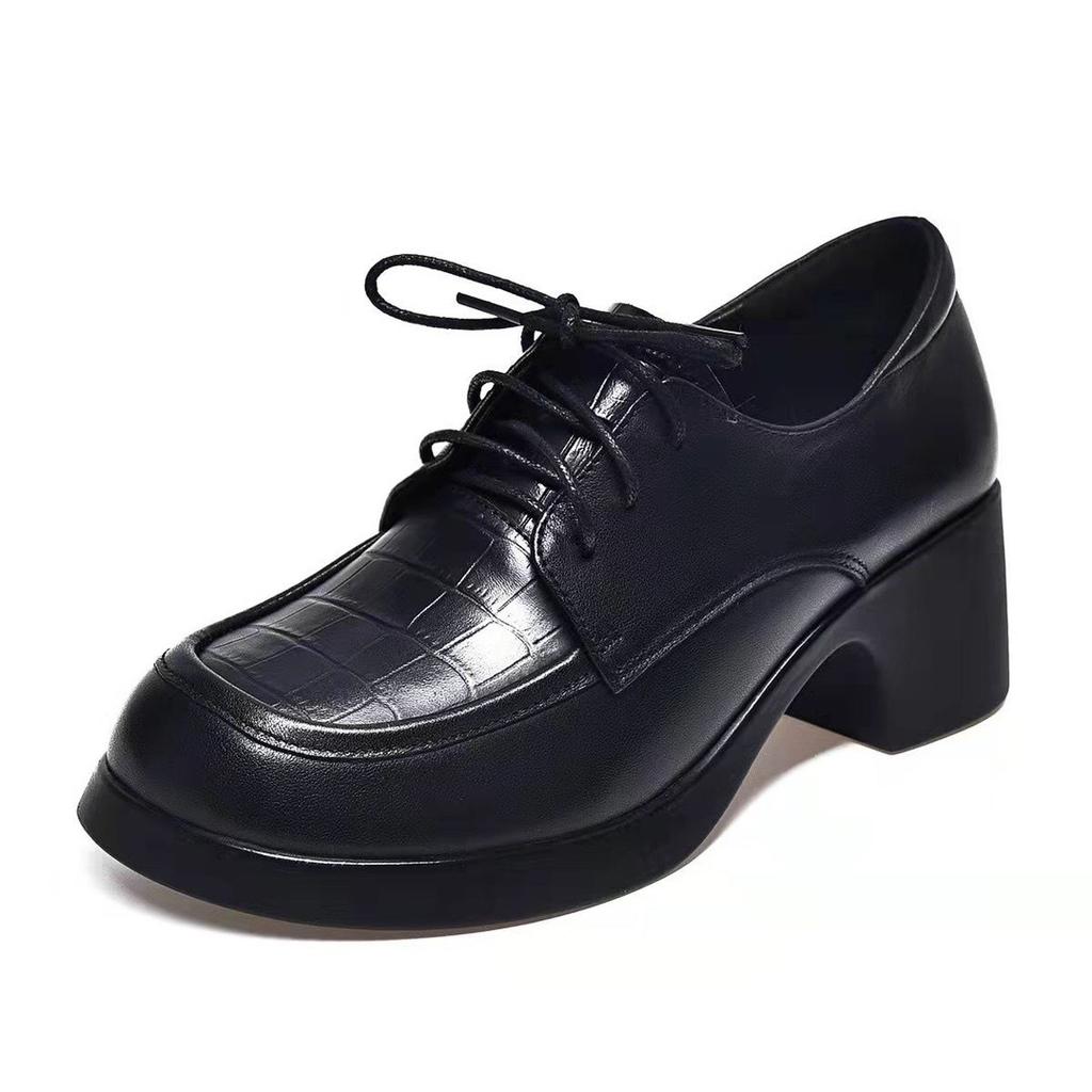 Black Small Leather Shoes Women's Work Dress High Heel Lace-up Professional Women's Shoes Thick Heel Single Shoes Autumn and Winter Work Shoes Tooling