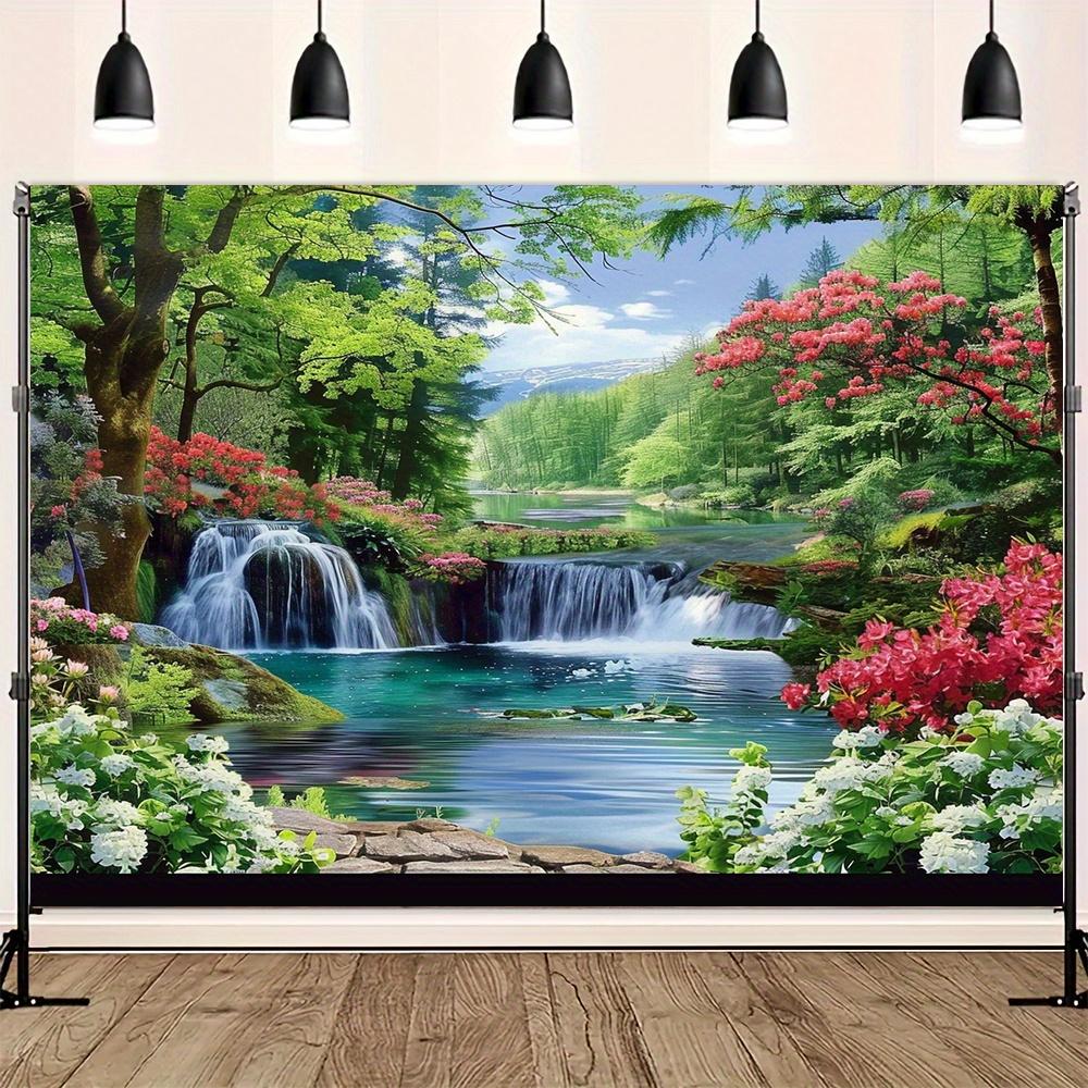 Polyester Landscape Waterfall and Forest Flower Background Banner - Universal Multi purpose Indoor and Outdoor Decoration
