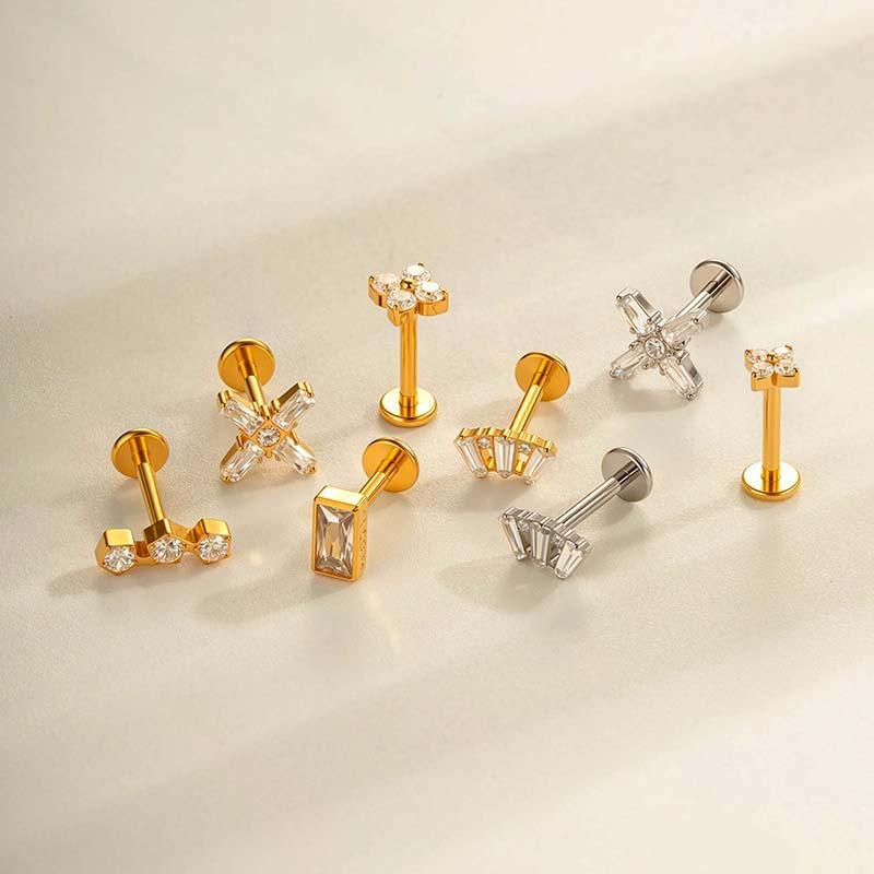 1 pièce G23 Titane Massif Filetage Interne Dos Plat Fleur CZ Clou de Tragus Cartilage Boucle d'Oreille Helix Rook Lobe Labret Bijou de Piercing