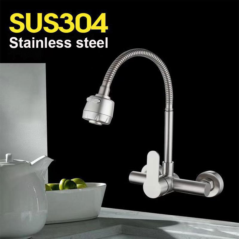 In Wall Stainless Steel Kitchen Sink Faucet Wash Basin Faucet Wall Mounted Single Hole&double Hole Tap Hot&Cold Water Faucet