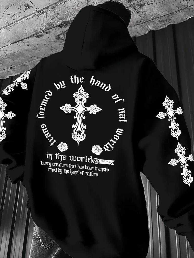 Sudadera con capucha para hombre con estampado de cruces de estilo gótico europeo y americano, ideal para usar al aire libre en otoño.