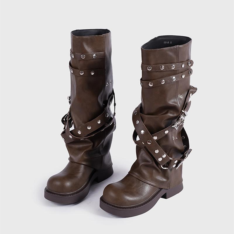 Fashion Autumn Winter Vintage Rivet Belt Buckle Women Punk Motorcycle Boots Fashion Square Heeled Knee-high Knight Tube Long Booties